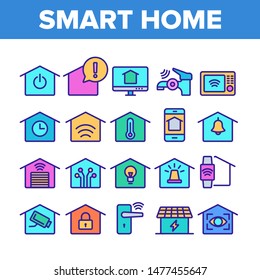 Color Smart Home Thin Line Icons Set Vector. Control, Camera, Light Settings And Humidity Smart House Device Linear Pictograms. Automation Monitoring Contour Illustrations