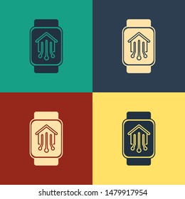 Color Smart home with smart watch icon isolated on color background. Remote control. Vintage style drawing. Vector Illustration