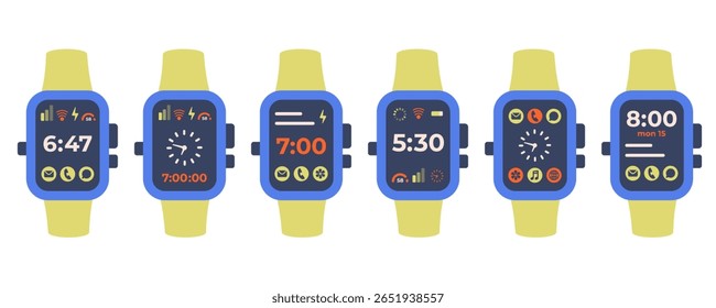 Color Smart watch icons isolated. Electronic gadgets set. Trendy Hand watch with Colour strap and Square watch screen.  Digital watch with App icons. Vector 