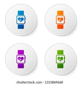 Color Smart watch showing heart beat rate icon isolated on white background. Fitness App concept. Set color icon in circle buttons. Vector Illustration