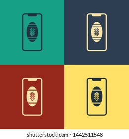 Color Smartphone with american football ball on the screen icon isolated on color background. Online football game for mobile phone. Vintage style drawing. Vector Illustration