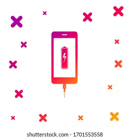 Color Smartphone battery charge icon isolated on white background. Phone with a low battery charge and with USB connection. Gradient random dynamic shapes. Vector Illustration