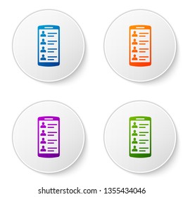 Color Smartphone with contacts on screen icon isolated on white background. Incoming call. People on phone screen. Call contact. Set color icon in circle buttons. Vector Illustration