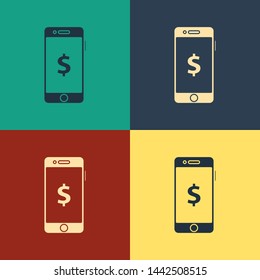 Color Smartphone with dollar symbol icon isolated on color background. Online shopping concept. Financial mobile phone icon. Online payment. Vintage style drawing. Vector Illustration