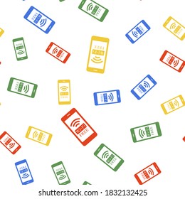 Color Smartphone con un icono de conexión inalámbrica wi-fi gratuito aislado patrón transparente en fondo blanco. Tecnología inalámbrica, red inalámbrica, concepto de hotspot. Vector.
