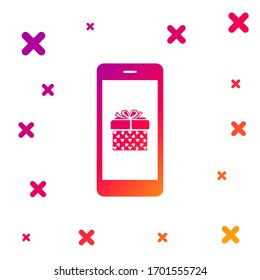 Color Smartphone with gift box and heart symbol on the screen icon on white background. Valentine's day symbol. The online store, e-shopping. Gradient random dynamic shapes. Vector Illustration