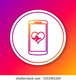 Color Smartphone with heart rate monitor function line icon isolated on color background. Circle white button. Vector Illustration
