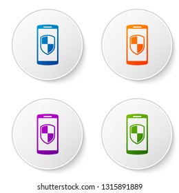 Color Smartphone, mobile phone with security shield icon isolated on white background. Set color icon in circle buttons. Vector Illustration