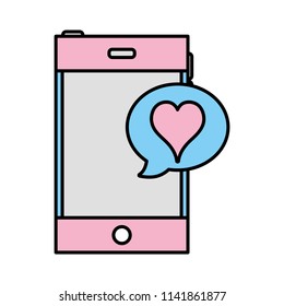 color smartphone technology with heart inside chat bubble