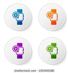 Color Smartwatch and gear icon isolated on white background. Adjusting app, service concept, setting options, maintenance, repair, fixing. Set icons in circle buttons. Vector Illustration