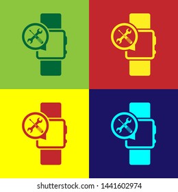 Color Smartwatch with screwdriver and wrench icon isolated on color background. Adjusting, service, setting, maintenance, repair, fixing.  Vector Illustration