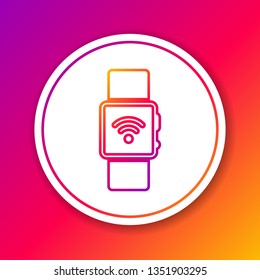 Color Smartwatch with wireless symbol line icon isolated on color background. Circle white button. Vector Illustration