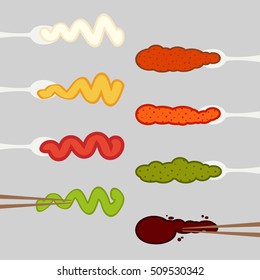 Color smears set icons depicting strips of different sauce in spoon vector illustration