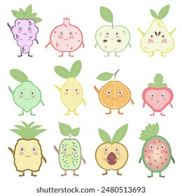 Color smiling funny fruit vegetarian collection set. Fun fruits. Funny fruits. EPS 10.
