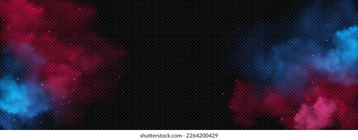Color smoke, dust or fog clouds on transparent background. Abstract banner template with smog effect, red and blue steam with particles, vector realistic illustration