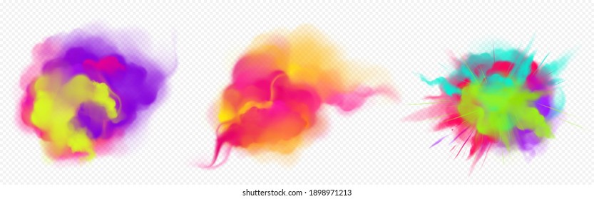 Color smoke flow and paint powder explosion isolated on transparent background. Vector realistic set of colorful splashes, dust clouds and spray. Flying smoky flow and ink burst