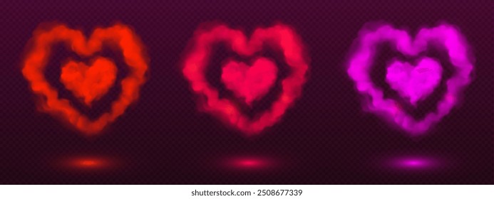 Corazones de humo de color aislados sobre fondo transparente. Vector ilustración realista de neón rojo, rosa, púrpura nubes de niebla, decoración de Anuncio de San Valentín, romántico amor, efecto de soplo de vapor