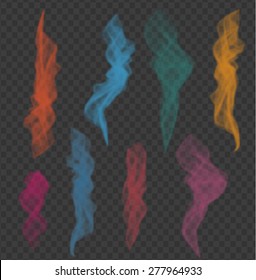 Color smoke set, vector illustration. Includes blue, orange, green, pink etc. Fume texture graphic design elements Different forms and shapes