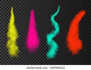 Color Smoke From Space Rocket Launch. Green, Pink, Red, Yellow  Foggy Plane Trail  Isolated On Transparent Background. Fog.  Realistic Vector Texture.