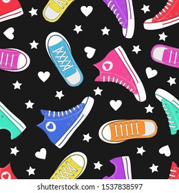 color sneakers, star and heart. seamless vector pattern. Texture for fabric, wrapping, wallpaper. Decorative print.