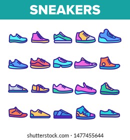 Color Sneakers Thin Line Icons Set Vector. Man And Woman Shoes Sneakers Linear Pictograms. Boots Footweare Stock Fashion Modern Accessory Contour Illustrations