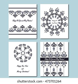 Color snow flake. Mandala in the Muslim, Indian, Chinese, vintage style. Set of greeting cards for Christmas and New Year. Vector illustration