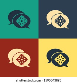Color Snowflake with speech bubble icon isolated on color background. Merry Christmas and Happy New Year. Vintage style drawing. Vector Illustration