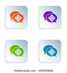 Color Snowflake with speech bubble icon isolated on white background. Merry Christmas and Happy New Year. Set icons in square buttons. Vector Illustration