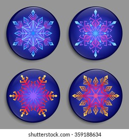 Color Snowflakes. Snowflakes 3D Buttons with shadows isolated on the grey background. Modern style. Snowflake medals set. Winter series labels, logo, badges, icons. Vector illustration