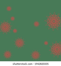 Color Snowflakes Sharp Emerald Wallpaper. Night Holiday Green Print Red Sky Background. Christmas Stars New Year Dark Chaotic Pattern. Ornamental Santa Winter Bright Mandala Background.
