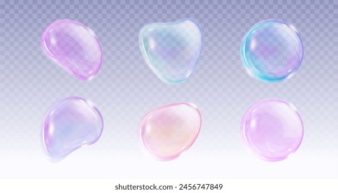 Color soap bubbles set isolated on transparent background. Vector realistic illustration of shampoo and water balls with light reflection on iridescent surface, laundry or bathroom design elements