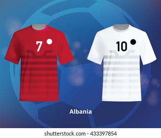 Color soccer T-shirts of Albania. Football team equipment
