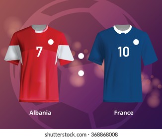 Color soccer T-shirts of Albania and France. Football team equipment
