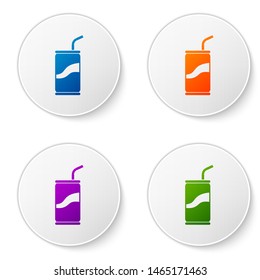 Color Soda can with drinking straw icon isolated on white background. Set icons in circle buttons. Vector Illustration