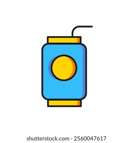 Color Soda can with drinking straw icon isolated on white background. Flat filled outline style with shadow. Vector