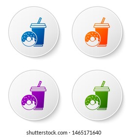 Color Soda drink with drinking straw and donut icon isolated on white background. Fast food symbol. Set icons in circle buttons. Vector Illustration