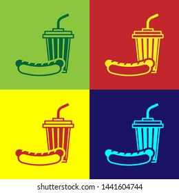 Color Soda and hotdog icon isolated on color backgrounds. Fast food symbol. Vector Illustration