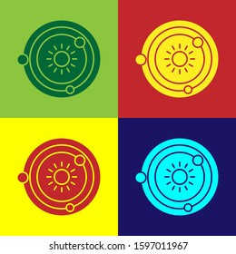 Color Solar system icon isolated on color background. The planets revolve around the star.  Vector Illustration