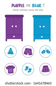 Color sorting game for kids. Sort clothes by color into the colorful wardrobes. Purple or pink.