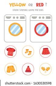 Color sorting game for kids. Yellow or red. Washing machine and colorful clothes.