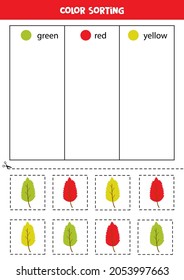 Ordenación de colores para los niños. Ordenar hojas de otoño por colores. Hoja de trabajo educativa.