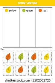 Color Sorting For Kids. Sort Autumn Leaves By Colors. Educational Workshe¬et.