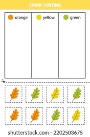 Color Sorting For Kids. Sort Autumn Leaves By Colors. Educational Worksheet.