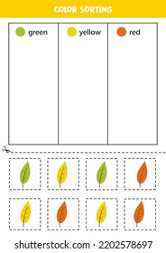 Color Sorting For Kids. Sort Autumn Leaves By Colors. Educational Worksheet.