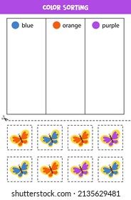 Color sorting for kids. Sort butterflies by colors. Educational worksheet.