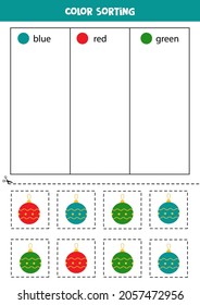 Color sorting for kids. Sort Christmas balls by colors. Educational worksheet.