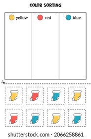 Color sorting for kids. Sort Christmas socks by colors. Educational worksheet.