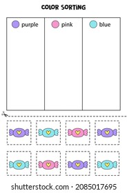 Ordenación de colores para los niños. Ordenar los dulces bonitos por colores. Hoja de trabajo educativa.