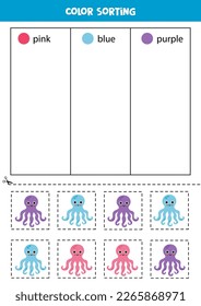 Color sorting for kids. Sort cute octopuses by colors. Educational worksheet.