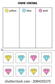 Ordenación de colores para los niños. Ordenar los diamantes por colores. Hoja de trabajo educativa.
